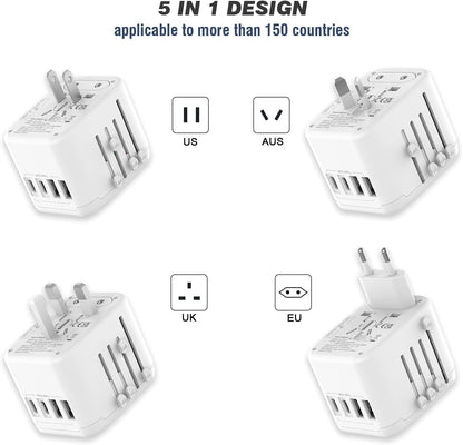 VYLEE Universal International Power Travel Plug Adapter, 5 in 1 European Travel Plug Adapter W/ 3.5A 2xUSB-A and 2xUSB C Wall Charger and Worldwide AC Outlet for Europe USA UK AUS Asia (White)