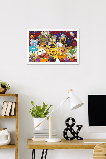 Pokémon: Halloween Party- Group Wall Poster, 22.4L" x 14.7W", White Framed Version