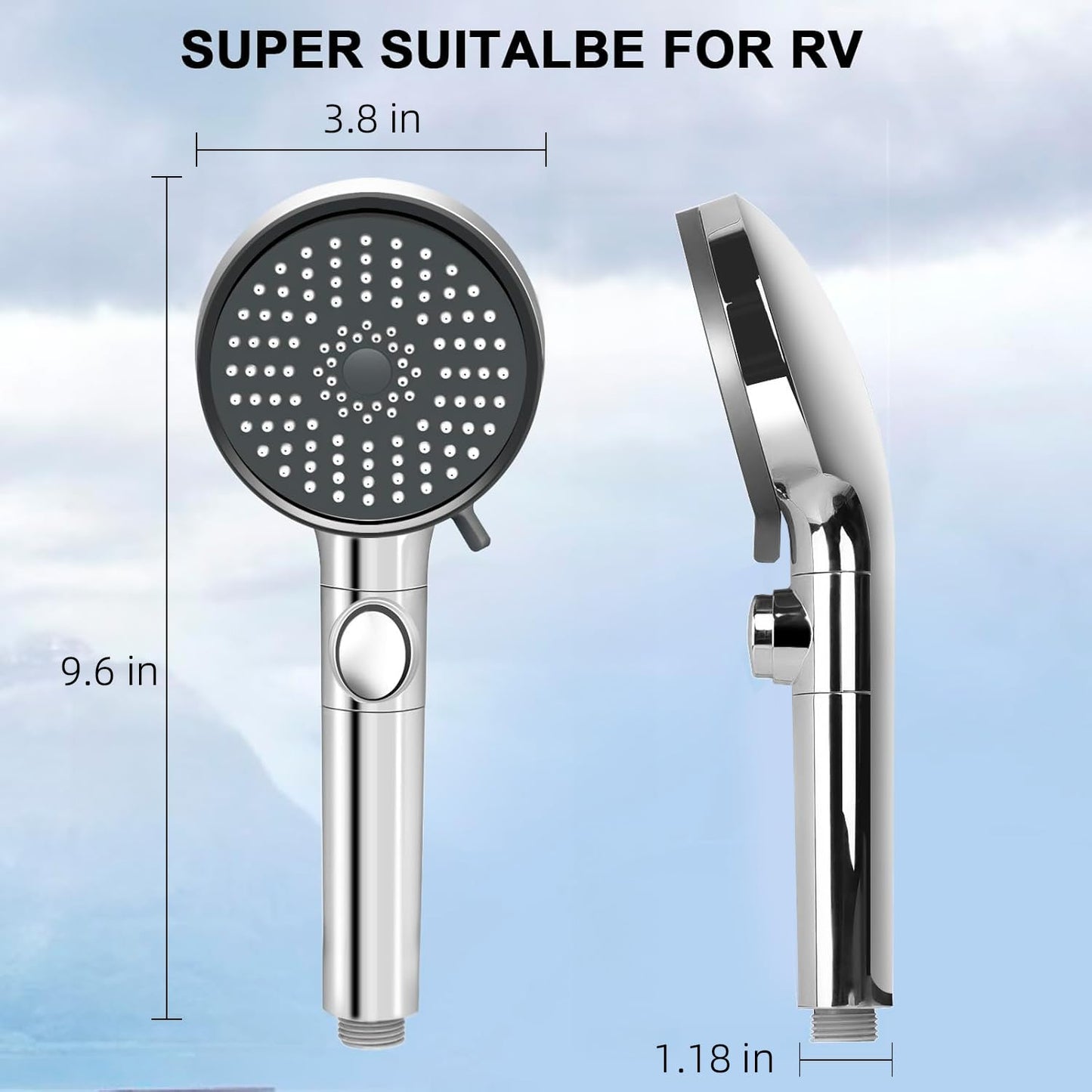 RV Shower Head with Hose, High Pressure 5 Mode Shower Head Replacement, Shower Head for RV/Campers, Travel Trailer, Motorhome for Water Saving, Handheld Shower Head Holder and Hose, On Off Switch
