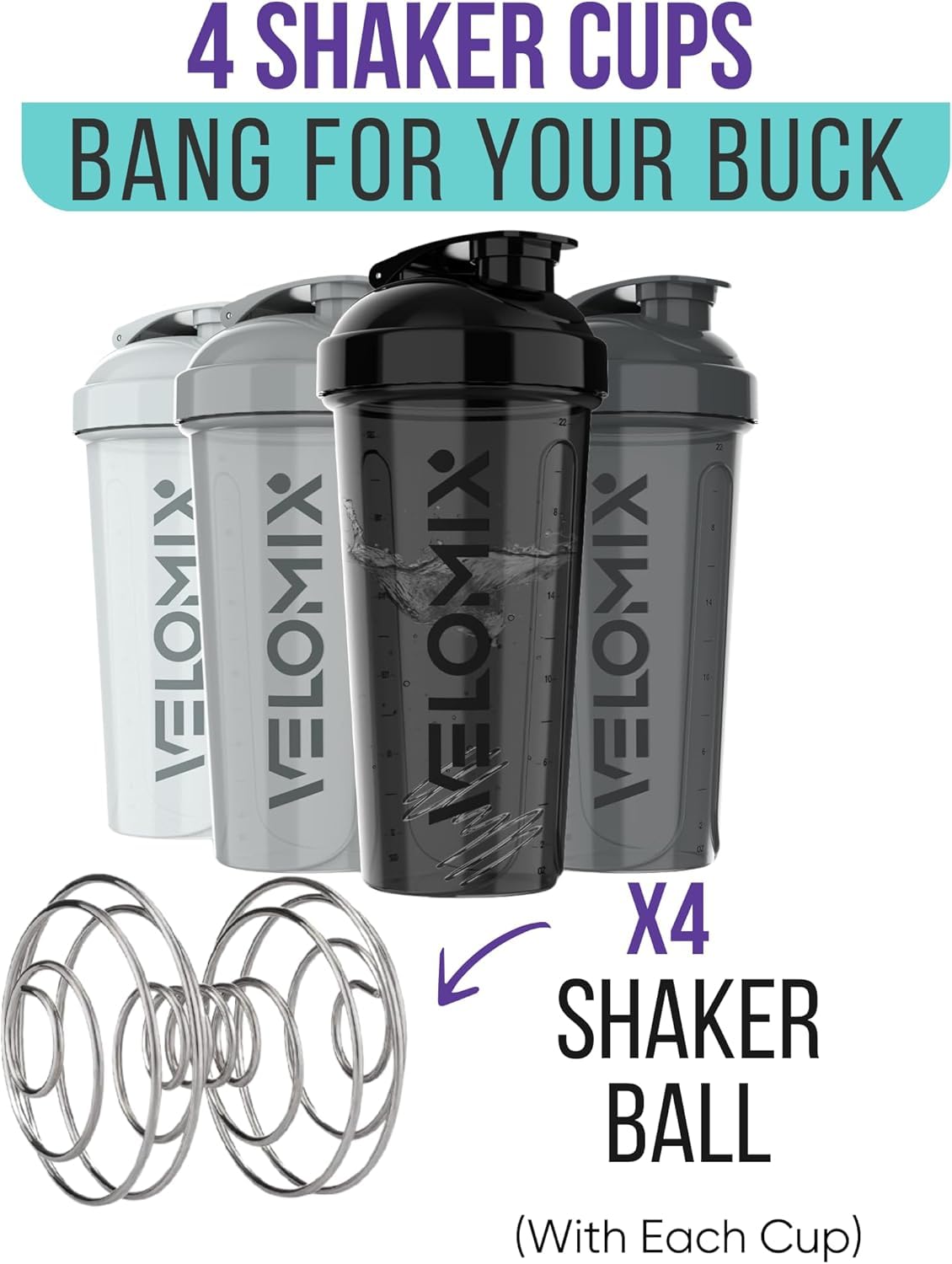 VELOMIX -4 PACK- 28 oz Protein Shaker Bottle for Protein Mixes - 4x Wire Whisk | Leak Proof Shaker Cups for Protein Shakes | Protein Shaker Bottle Pack | Protein Shake Cup(Silver Mix) - Available at All In One Marketplace Canada