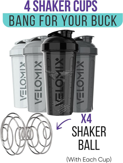 VELOMIX -4 PACK- 28 oz Protein Shaker Bottle for Protein Mixes - 4x Wire Whisk | Leak Proof Shaker Cups for Protein Shakes | Protein Shaker Bottle Pack | Protein Shake Cup(Silver Mix) - Available at All In One Marketplace Canada