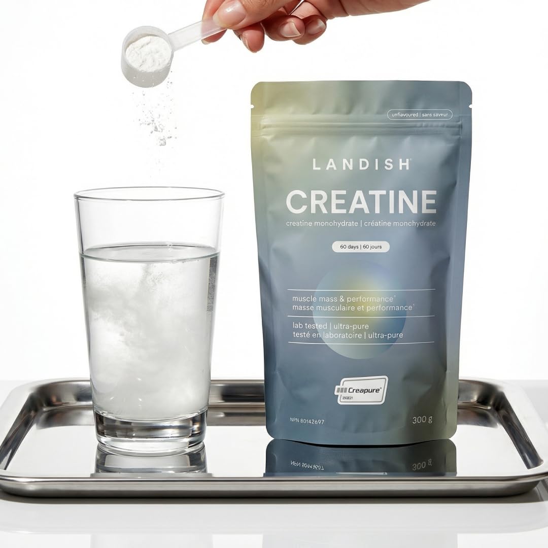 Landish Creatine Monohydrate Powder – Creapure®, German-Made Micronized Creatine – Canadian Brand – Increases Muscle Mass & Improves Strength – For Women & Men – Vegan –Unflavoured – 300 g (60 Servings) - Available at All In One Marketplace Canada