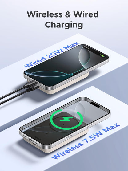 UGREEN 10000mAh PD 20W Magnetic Portable Charger, 7.5W Wireless Charging wiht Built-in USB C in/Out Battery Pack, Power Bank with 0.5M Cable Compatible with Magsafe, iPhone 16/15 Pro Max, White