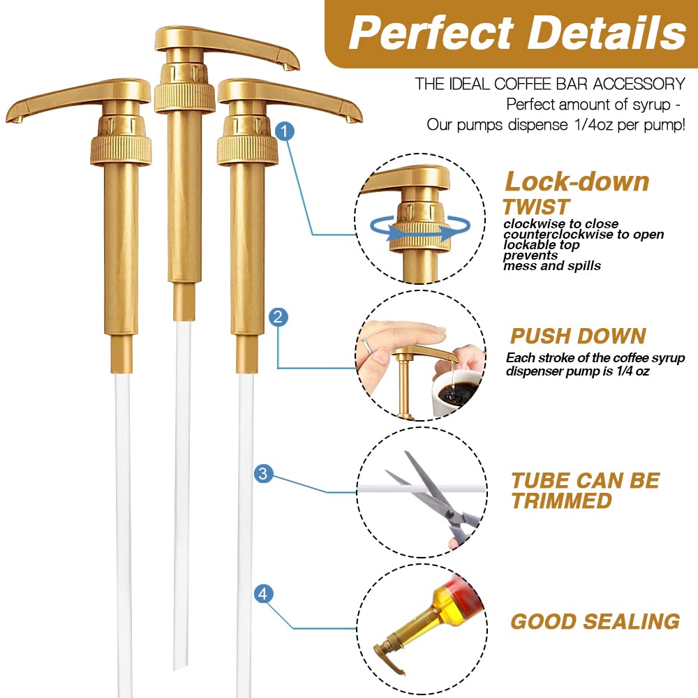 8 Pack Gold Coffee Syrup Pump Dispenser, Compatible with 25.4 Oz/750ml Bottles, Great for Home & Coffee Bar Drinking Mixes, Tea, Beverage, Cocktails, Plus Spoons - Available at All In One Marketplace Canada