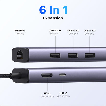 UGREEN Revodok USB C Hub 6-in-1, USB C to Ethernet Adapter with RJ45, 4K@30Hz HDMI, 3 USB 5Gbps, 100W Power Delivery, Compatible with MacBook Neo/Air/Pro,HP, ASUS, XPS13/15, Mac mini,iPad Pro and More