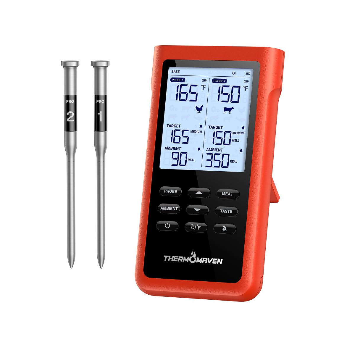ThermoMaven 3000FT Smart Wireless Meat Thermometer, Sub-1G Long Range, 6 Sensors NIST Certified Accuracy, 2 Thin Probes, Standalone Base with Large LCD for Grill, Smoker, Oven, BBQ - Available at All In One Marketplace Canada