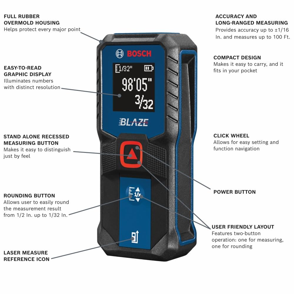 BOSCH GLM100-23 100 Ft Blaze Laser Distance Measure, Includes 2 AA Batteries, Distance Measuring Laser - Available at All In One Marketplace Canada