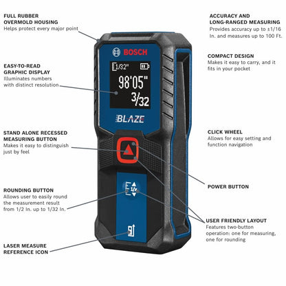 BOSCH GLM100-23 100 Ft Blaze Laser Distance Measure, Includes 2 AA Batteries, Distance Measuring Laser - Available at All In One Marketplace Canada