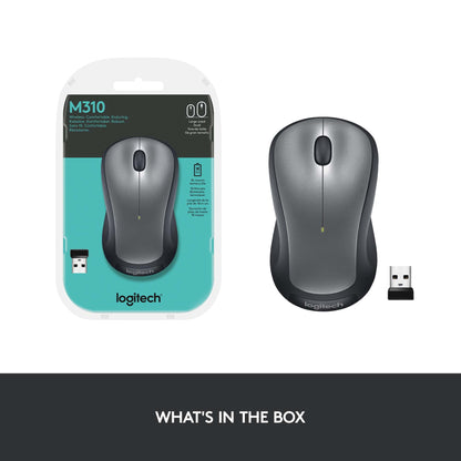 Logitech M310 Wireless Mouse, 2.4 GHz with USB Nano Receiver, 1000 DPI Optical Tracking, 18 Month Battery, Ambidextrous, Compatible with PC, Mac, Laptop, Chromebook - Silver