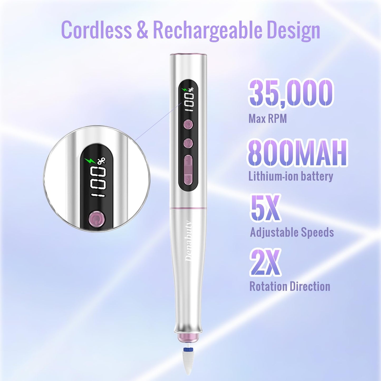 Denabuty Cordless Electric Nail Drill Machine, 13 in 1 Nail File Kit 35000RPM Professional Portable Rechargeable E File for Acrylic Polish Gel Removal Manicure Pedicure Set with 5 Speeds DN-2402 - Available at All In One Marketplace Canada