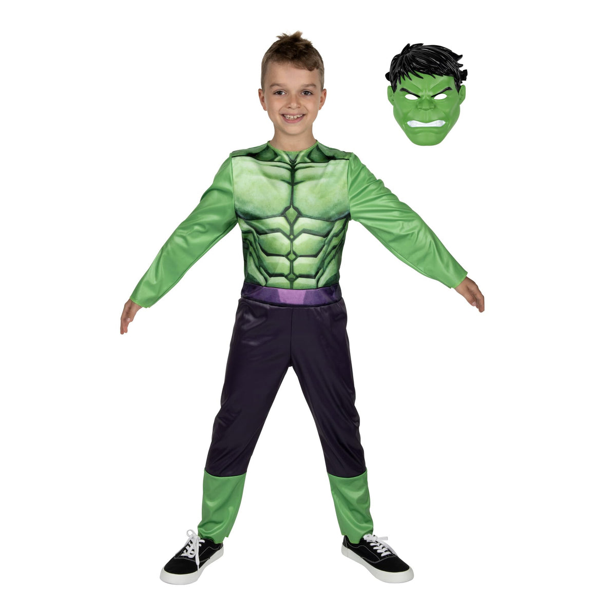 Costume d'Halloween officiel Marvel Hulk pour enfant - Combinaison en tissu de qualité supérieure avec motif imprimé et masque en plastique (Grand) Vert