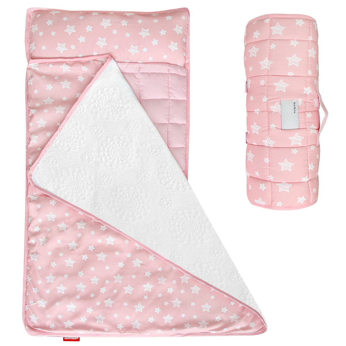 Toddler Nap Mat with Removable Pillow and Fleece Minky Blanket, Winter Sleeping Bag Soft Perfect for Preschool, Daycare, Travel Sleeping Bag Girls/Boys, Designed to Fit on a Standard Cot, Pink Star 🍁 All In One Marketplace Canada