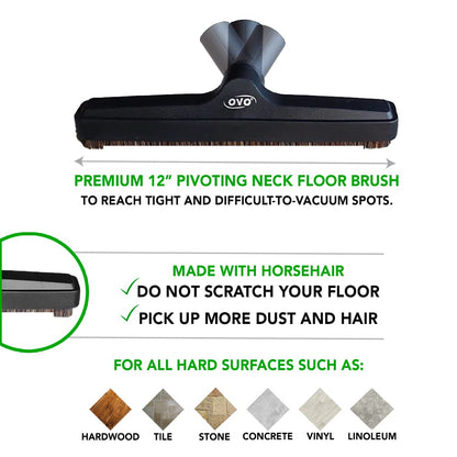 OVO Universal Vacuum Cleaner Floor Brush for Hard Surface with Natural Bristles, 12 inch, 1 1/4 inch (32mm) Inner Diameter, Fits All, Black (ACC-216-BK.) OVO