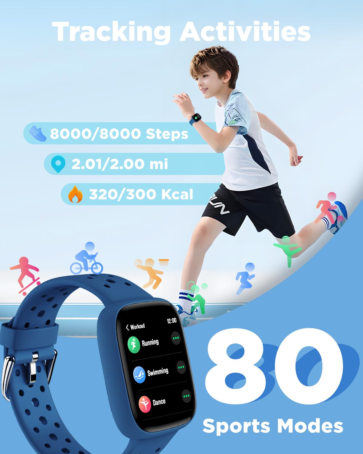 BIGGERFIVE Smart Watch for Kids, 1.8" Fitness Tracker Watch Pedometer, Heart Rate, Sleep Monitor, IP68 Waterproof, Calorie Step Counter, Puzzle Games with/Without APP for Girls Boys Teens 5-16, Blue