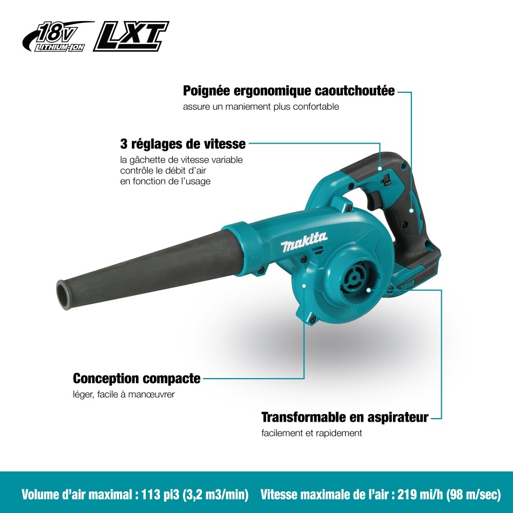 Makita 18V LXT 113 CFM Blower 3-Speed Variable Control, High Air Volume & Speed, Converts to Vacuum, Ergonomic Soft-Grip Design for Efficient Clean-Up (Tool Only) Makita