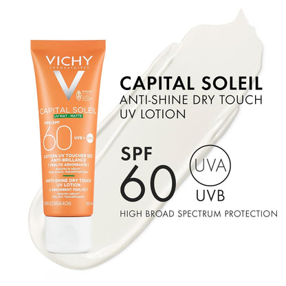 Vichy Face Sunscreen SPF 60, Capital Soleil Matte Finish, Dry Touch SPF Lotion for Face, Non-Greasy, Non-Comedogenic, No White Cast, Fragrance-Free, Hypoallergenic, Travel Size Sunscreen, 50mL - Available at All In One Marketplace Canada