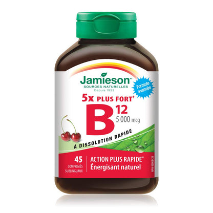 Jamieson Vitamin B12 5,000 mcg Fast Dissolve Sublingual Tablets Natural Cherry Flavour, Methylcobalamin, Supports Energy Production and Metabolism. Vegetarian. Gluten-Free, No Artificial Colours, Flavours, or Preservatives, 45 Count, Proudly Canadian - Available at All In One Marketplace Canada