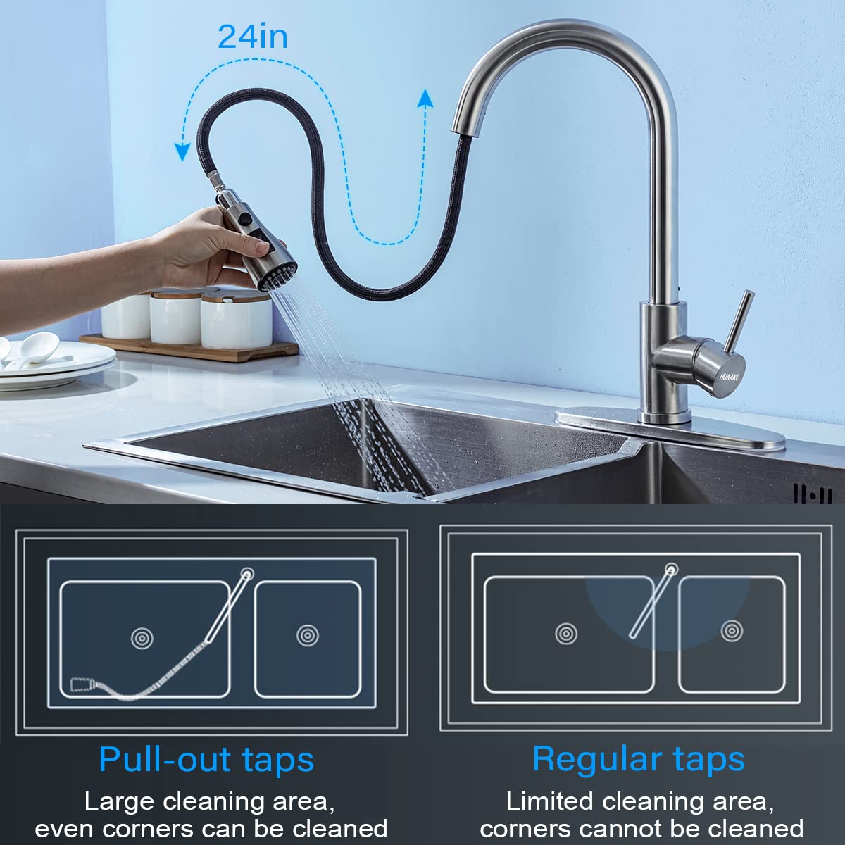 HUAAKE Kitchen Faucet with Pull Down Sprayer, Multi-Function Stainless Steel Single Handle High Arc Kitchen Sink Faucet, 360° Swivel Modern Commercial Kitchen tap with Deck Plate