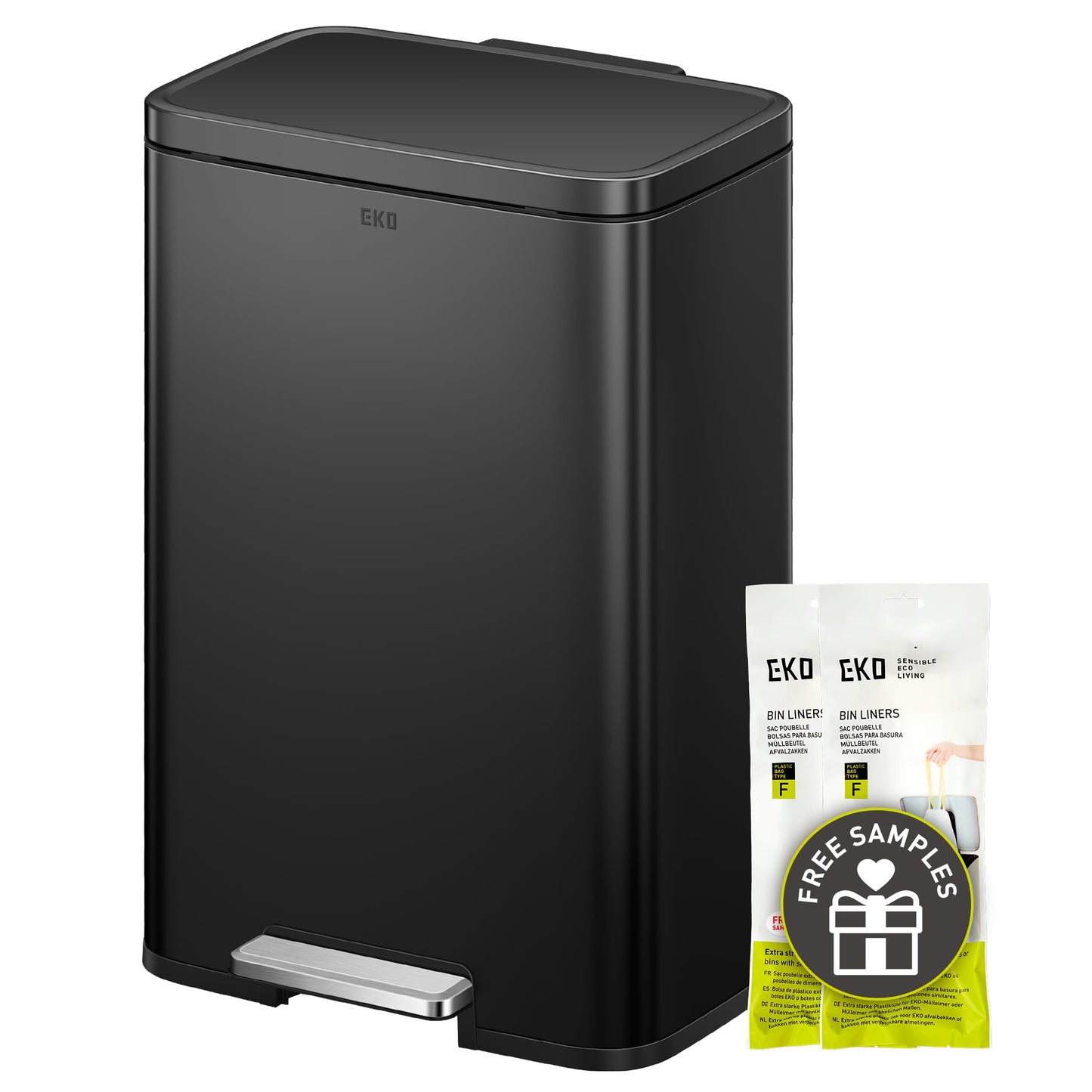EKO Madison Matte Black 50 Liter/13.2 Gallon Step Trash Can with Inner Liner - Fingerprint Resistant Finish EKO