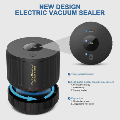 Electric Mason Jar Vacuum Sealer Kit, Portable Vacuum Sealer for Regular and Wide Mason Jars, Food Storage and Fermentation, Deep Black - Available at All In One Marketplace Canada