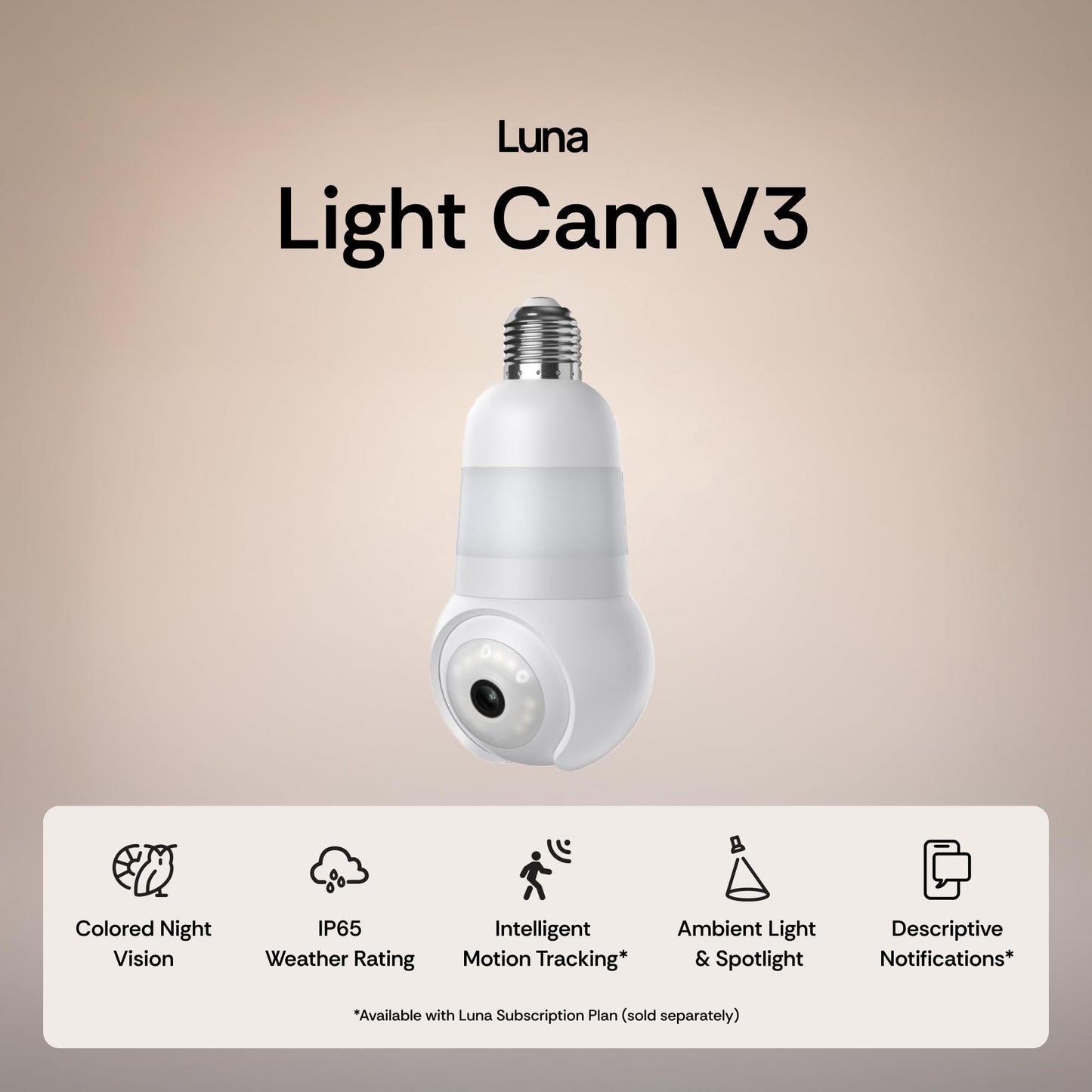 Luna Light Bulb Security Camera Wireless, 360° Pan Tilt Camera, Color Night Vision, LED Bulb & Spotlight, 2.4GHz 5GHz WiFi 6, Indoor Outdoor Porch Camera - Available at All In One Marketplace Canada
