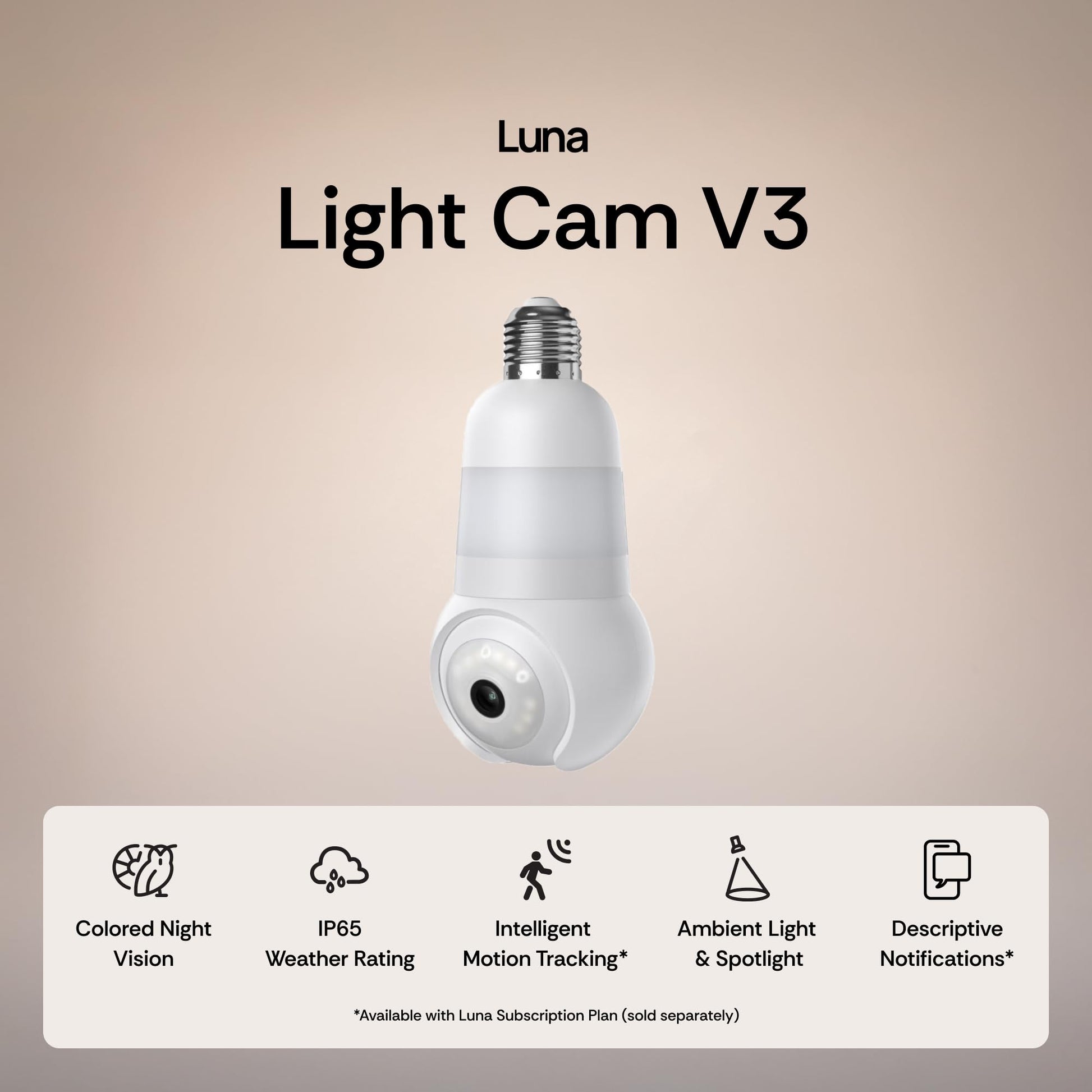 Luna Light Bulb Security Camera Wireless, 360° Pan Tilt Camera, Color Night Vision, LED Bulb & Spotlight, 2.4GHz 5GHz WiFi 6, Indoor Outdoor Porch Camera - Available at All In One Marketplace Canada