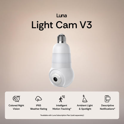 Luna Light Bulb Security Camera Wireless, 360° Pan Tilt Camera, Color Night Vision, LED Bulb & Spotlight, 2.4GHz 5GHz WiFi 6, Indoor Outdoor Porch Camera - Available at All In One Marketplace Canada