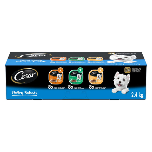 CESAR Classic Loaf in Sauce Wet Dog Food Poultry Selects Variety Pack, 8 Grilled Chicken Flavour, 8 Turkey Recipe & 8 Chicken & Liver Recipe, 24x100g Trays - Available at All In One Marketplace Canada