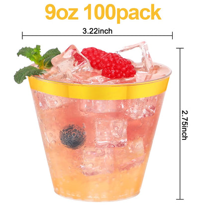 100 Pcs Gold Plastic Cups,9Oz Gold Rimmed Plastic Cups,Heavy Duty Gold Rim Clear Disposable Plasitc Cocktail Tumblers Wine Cup for Party,Wedding,Birthday,Christmas 🍁 All In One Marketplace Canada