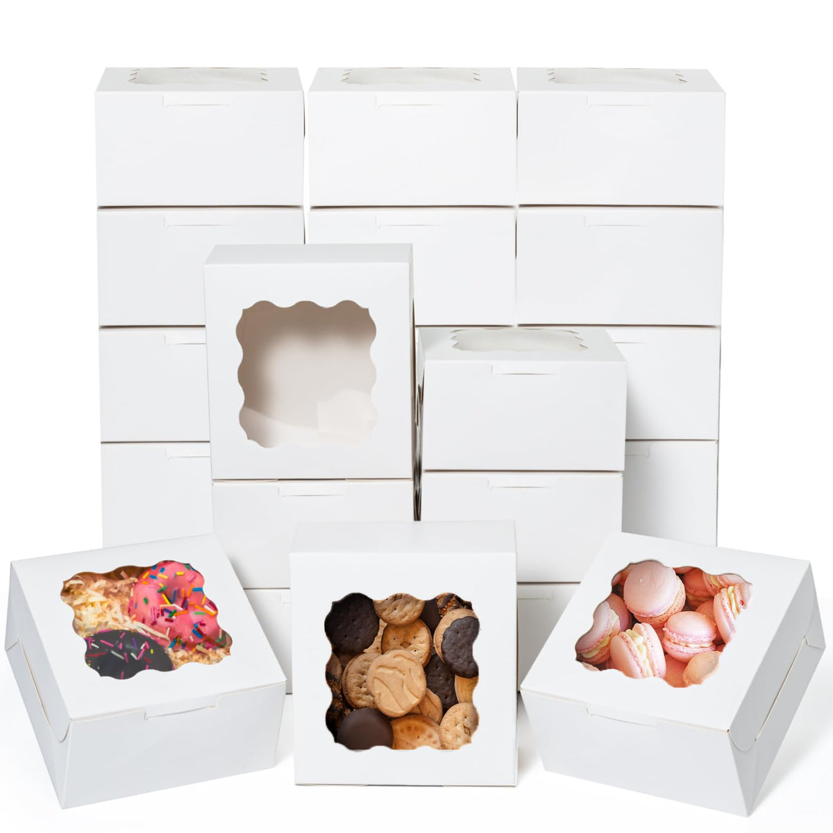 50 Pcs White Bakery Boxes with Window, 6x6x3 inches Cookie Boxes with Stickers Macaroon Boxes Small Treat Boxes Mini Cake Boxes for Dessert, Pastry, Sturdy Take Out Container for Party Wedding Favor 🍁 All In One Marketplace Canada
