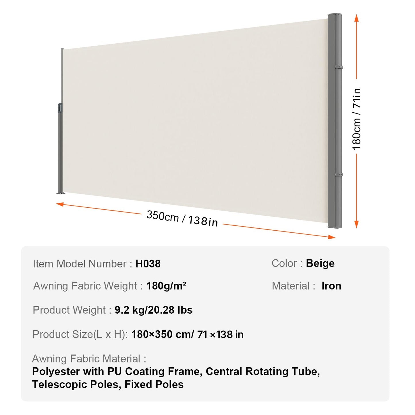 VEVOR Retractable Side Awning, 71''x 138'' Outdoor Privacy Screen, 180g Polyester Water-Proof Retractable Patio Screen, UV 30+ Room Divider Wind Screen for Patio, Backyard, Balcony, Beige VEVOR