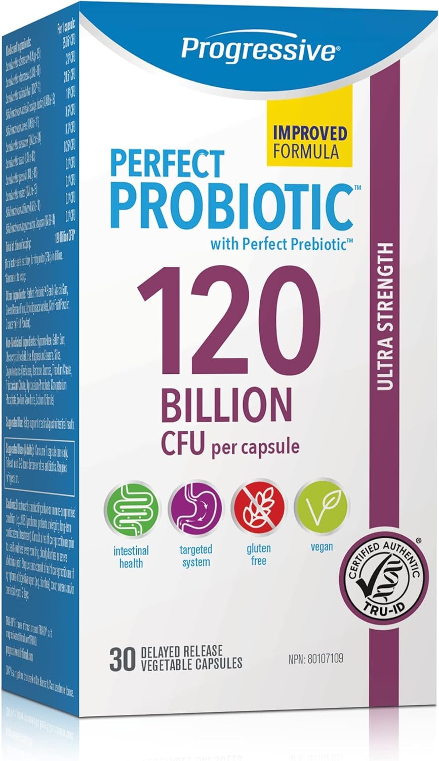 Progressive Perfect Probiotic 120 Billion CFU, Ultra-Strength 11-Strain Formula + Prebiotic Blend, with Lactobacillus plantarum and L. rhamnosus, Delayed-Release Guaranteed Potency, DNA-Verified, Gut and Digestive Support, 30 Vegan Capsules Progressive Health