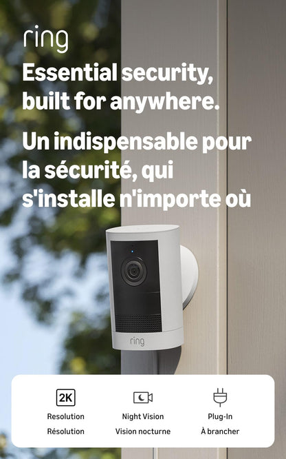 Caméra d'extérieur Ring 2K (dernier modèle), filaire, sécurité pour domicile ou entreprise, vidéo 2K grand angle, zoom amélioré 6x, vision nocturne, blanc