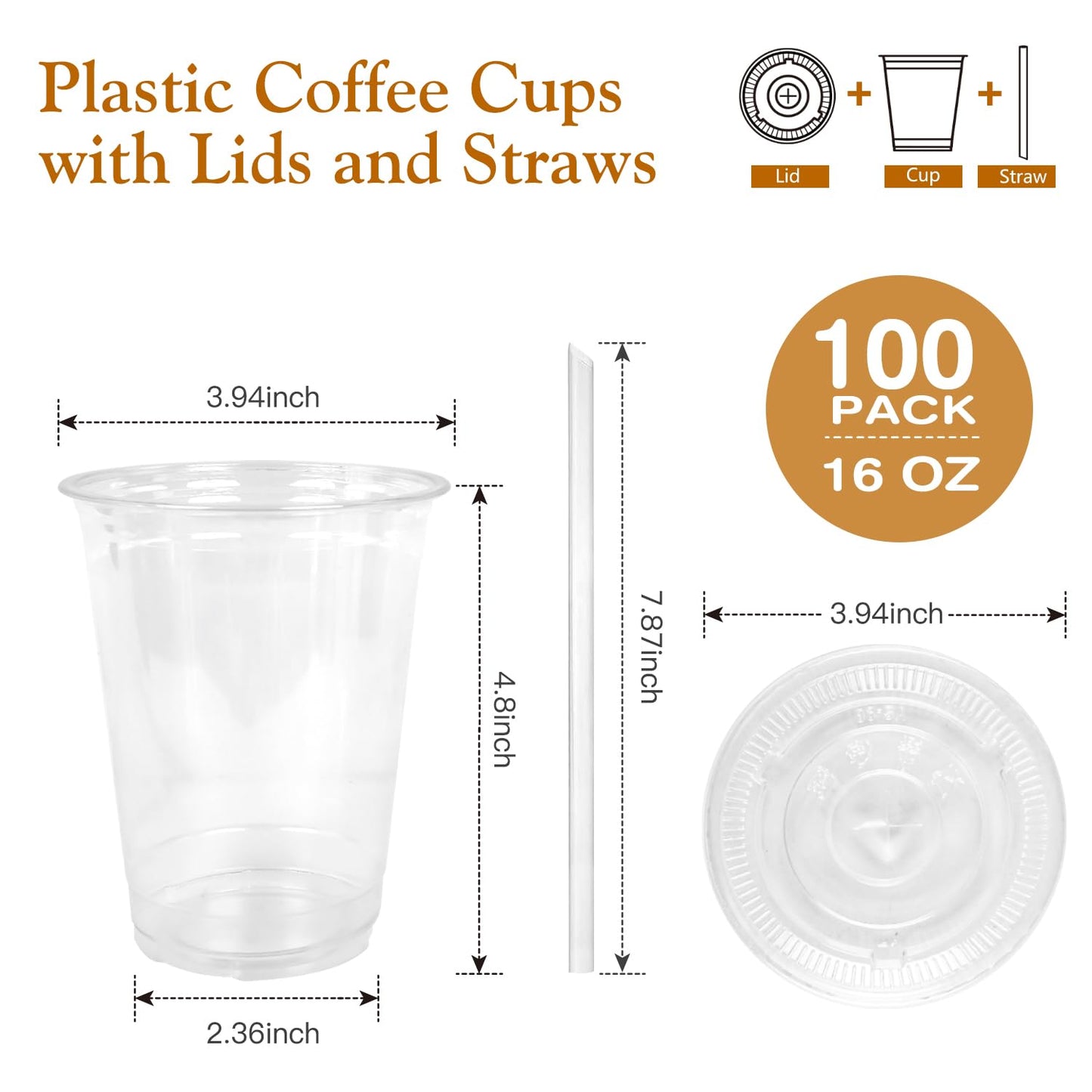 Joyeux 100 Pack 16 oz Clear Plastic Cups with Lids and Straws - Disposable Iced Coffee Cups for Matcha, Milkshakes, Smoothies and to go Drinks - Available at All In One Marketplace Canada