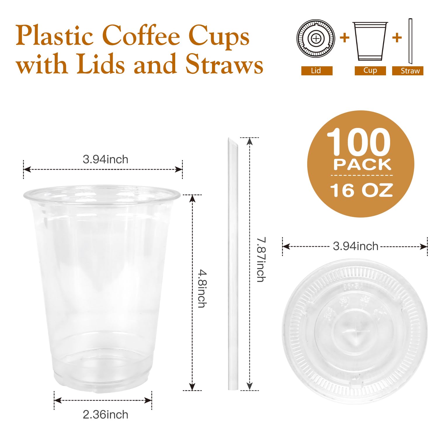 Joyeux 100 Pack 16 oz Clear Plastic Cups with Lids and Straws - Disposable Iced Coffee Cups for Matcha, Milkshakes, Smoothies and to go Drinks - Available at All In One Marketplace Canada