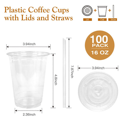 Joyeux 100 Pack 16 oz Clear Plastic Cups with Lids and Straws - Disposable Iced Coffee Cups for Matcha, Milkshakes, Smoothies and to go Drinks - Available at All In One Marketplace Canada