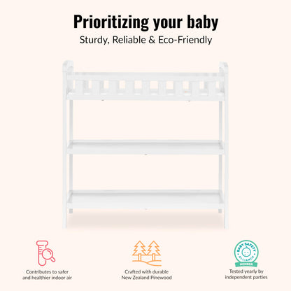 Dream On Me Emily Changing Table In White, Comes With 1" Changing Pad, Features Two Shelves, Portable Changing Station, Made Of Sustainable New Zealand Pinewood Dream On Me