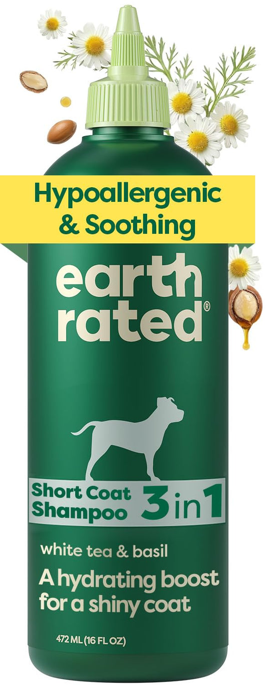 Earth Rated (A Canadian Company), 3-in-1 Soothing Dog Shampoo and Conditioner, Deodorizing Oatmeal Shampoos for Dogs and Puppies, Great for Smelly Pets, White Tea and Basil Scent, 473 ml