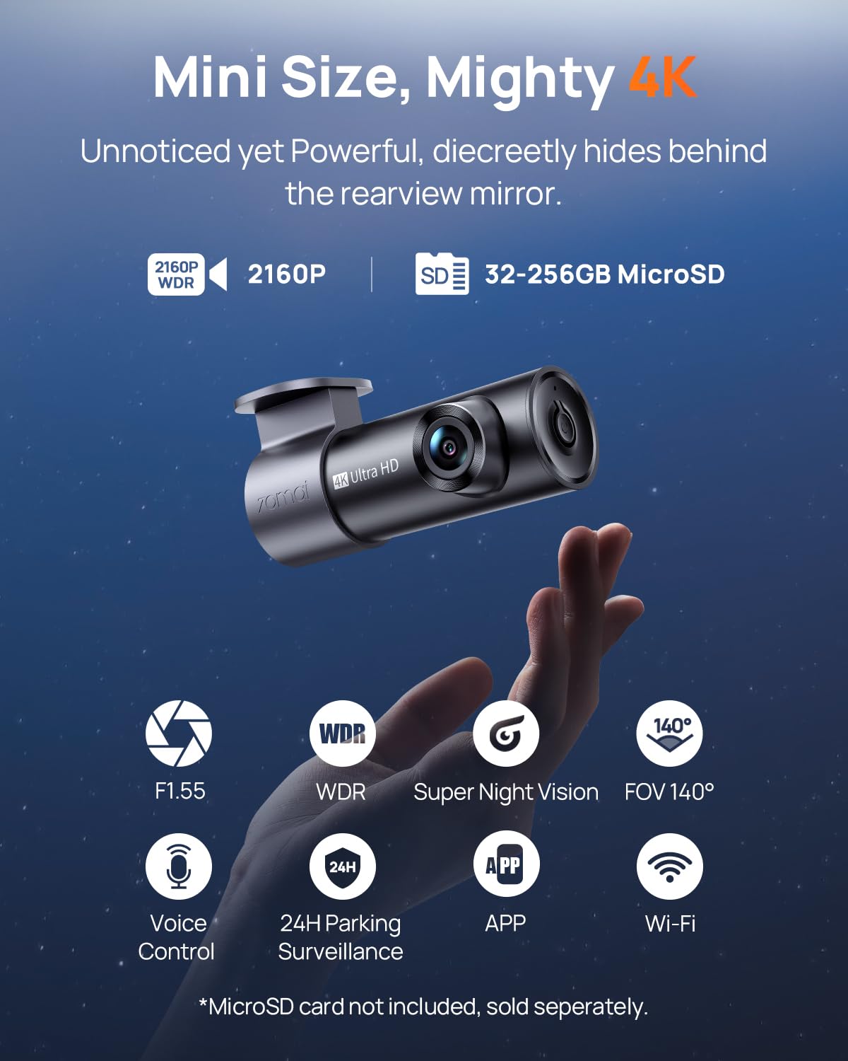 70mai 4K Front Dash Cam Built in WiFi, Smart Dash Camera for Cars, WDR, Night Vision, iOS/Android Mobile App, WDR, Night Vision, Loop Recording, Parking Monitor, Time-Lapse (M310 Plus 4K) (2160P) - Available at All In One Marketplace Canada