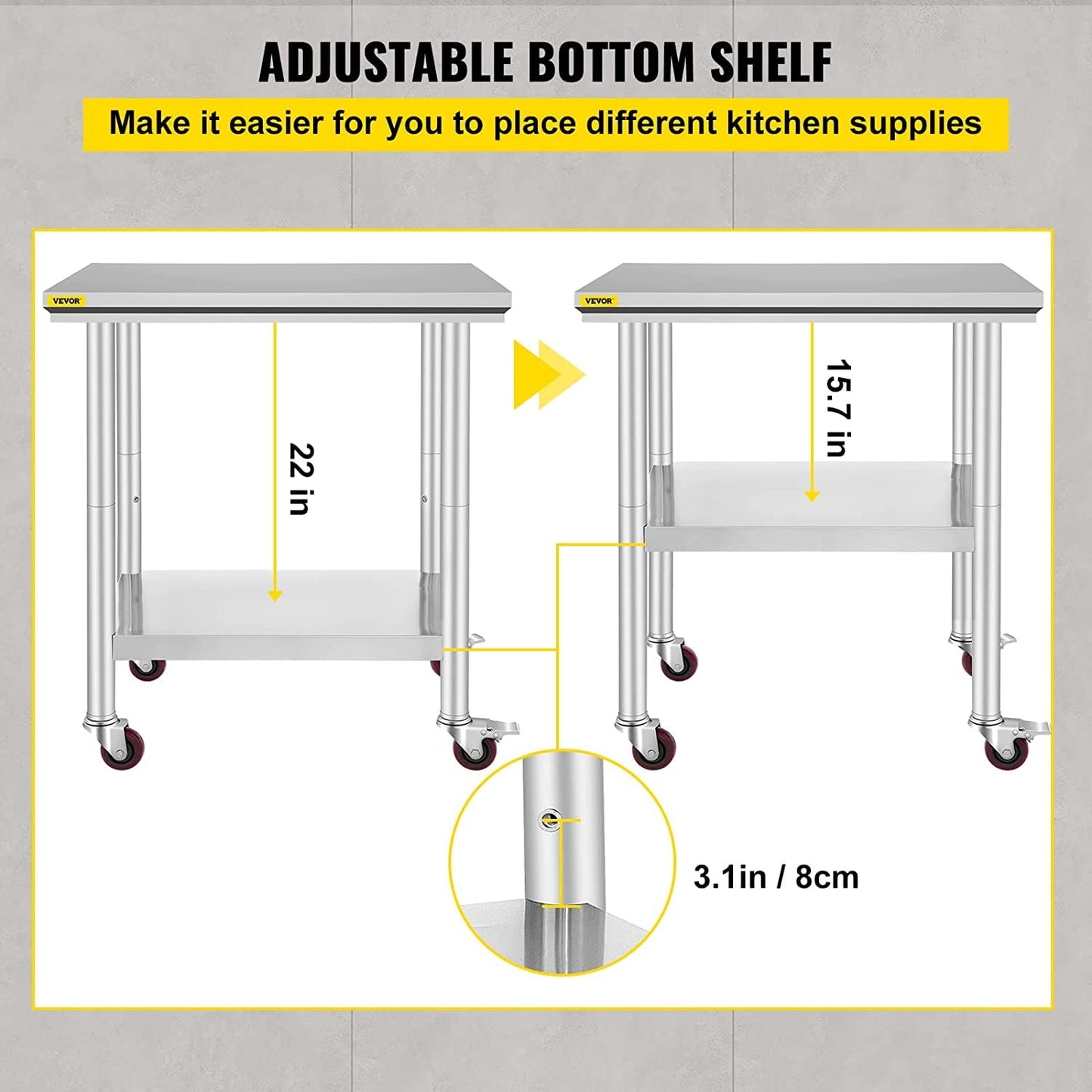 VEVOR Stainless Steel Work Table with Wheels 24 x 30 Prep Table with casters Heavy Duty Work Table for Commercial Kitchen Restaurant Business 🍁 All In One Marketplace Canada