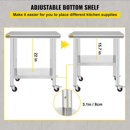 VEVOR Stainless Steel Work Table with Wheels 24 x 30 Prep Table with casters Heavy Duty Work Table for Commercial Kitchen Restaurant Business 🍁 All In One Marketplace Canada