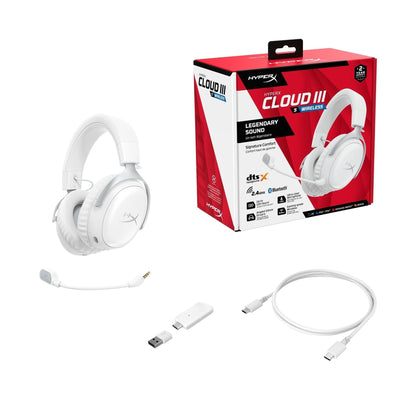HyperX Cloud III S – Wireless Gaming Headset for Multi-Platform, 2.4GHz, Bluetooth, Battery Life up to 120 Hours 2.4GHz / 200 Hours Bluetooth, 53mm Angled Drivers, Detachable Mic – White
