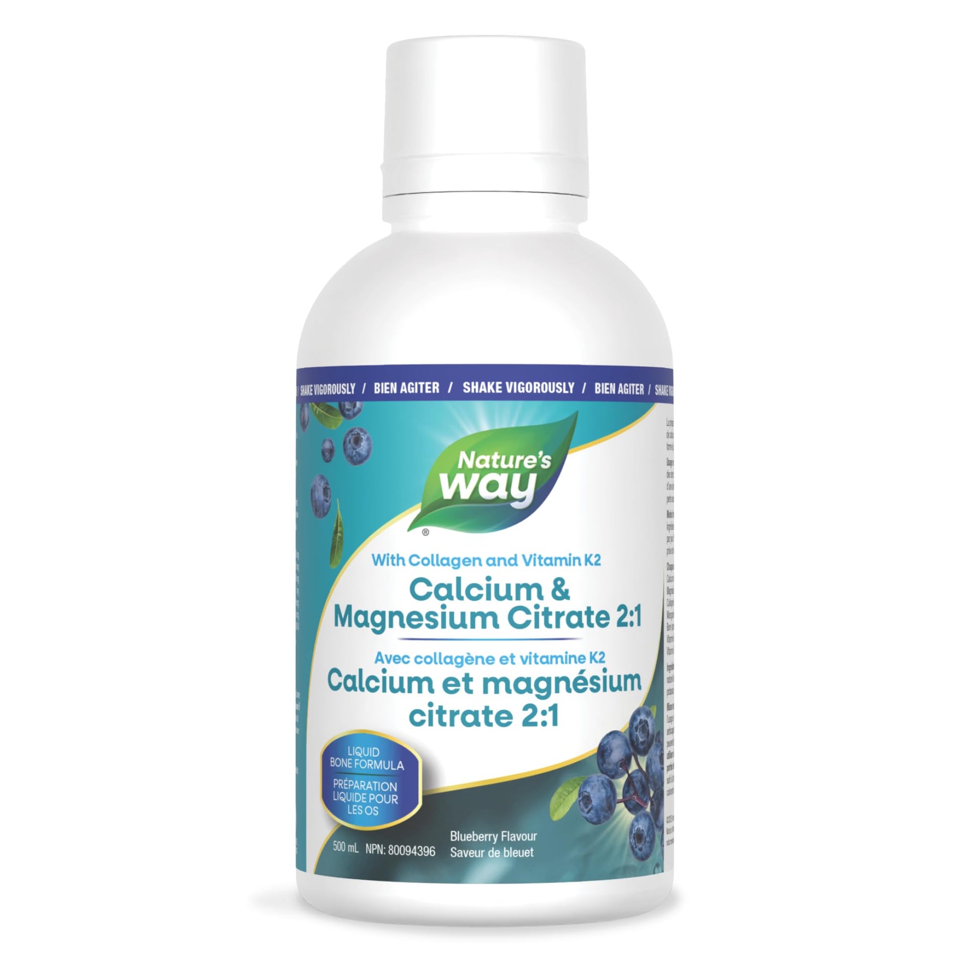 Nature's Way Calcium and Magnesium Citrate 2:1 - Liquid Supplement with Vitamin K2 and Collagen – Helps Support the Maintenance of Bones and Teeth – Blueberry Flavour, 500 mL - Available at All In One Marketplace Canada
