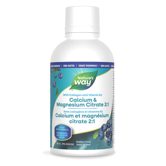 Nature's Way Calcium and Magnesium Citrate 2:1 - Liquid Supplement with Vitamin K2 and Collagen – Helps Support the Maintenance of Bones and Teeth – Blueberry Flavour, 500 mL - Available at All In One Marketplace Canada