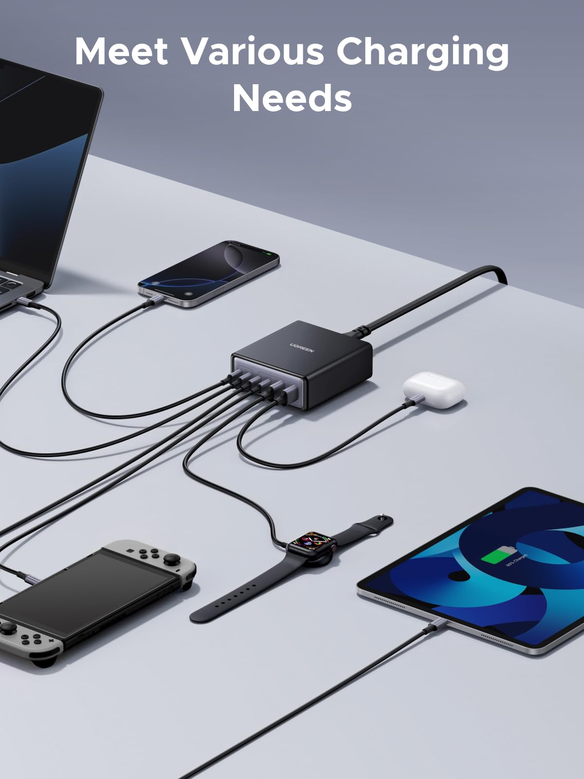 UGREEN 100W 6-Port GaN USB C Charging Station, Desktop Charger Block with 4 USB C and 2 USB A Fast Charging Compatible for MacBook Pro/Air, XPS, iPad, iPhone 17/16, Galaxy S26/S25/S24, Pixel 10/9