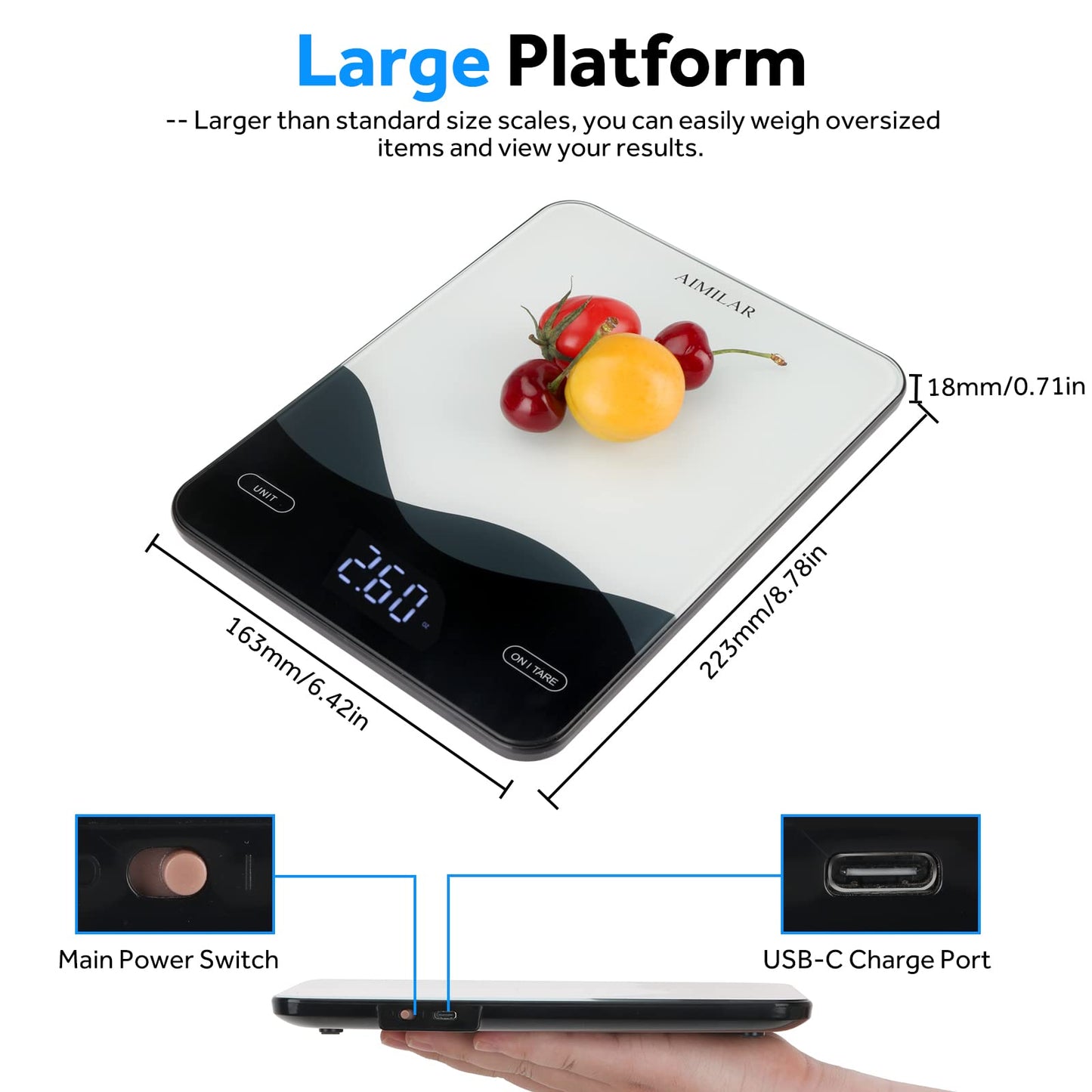 AIMILAR Digital Kitchen Scale 22lb/10kg USB-C Rechargeable, Tempered Glass Top Easy Clean, LED Touch Screen No Buttons, Auto Shut Off - Available at All In One Marketplace Canada