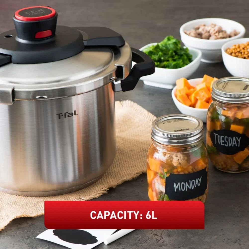 T-fal Clipso Stainless Steel Pressure Cooker, 6 Qt, Secure Locking System, One Hand System, Silver, Induction Compatible, Pressure Canner, Includes Recipe Book, Cookware T-Fal