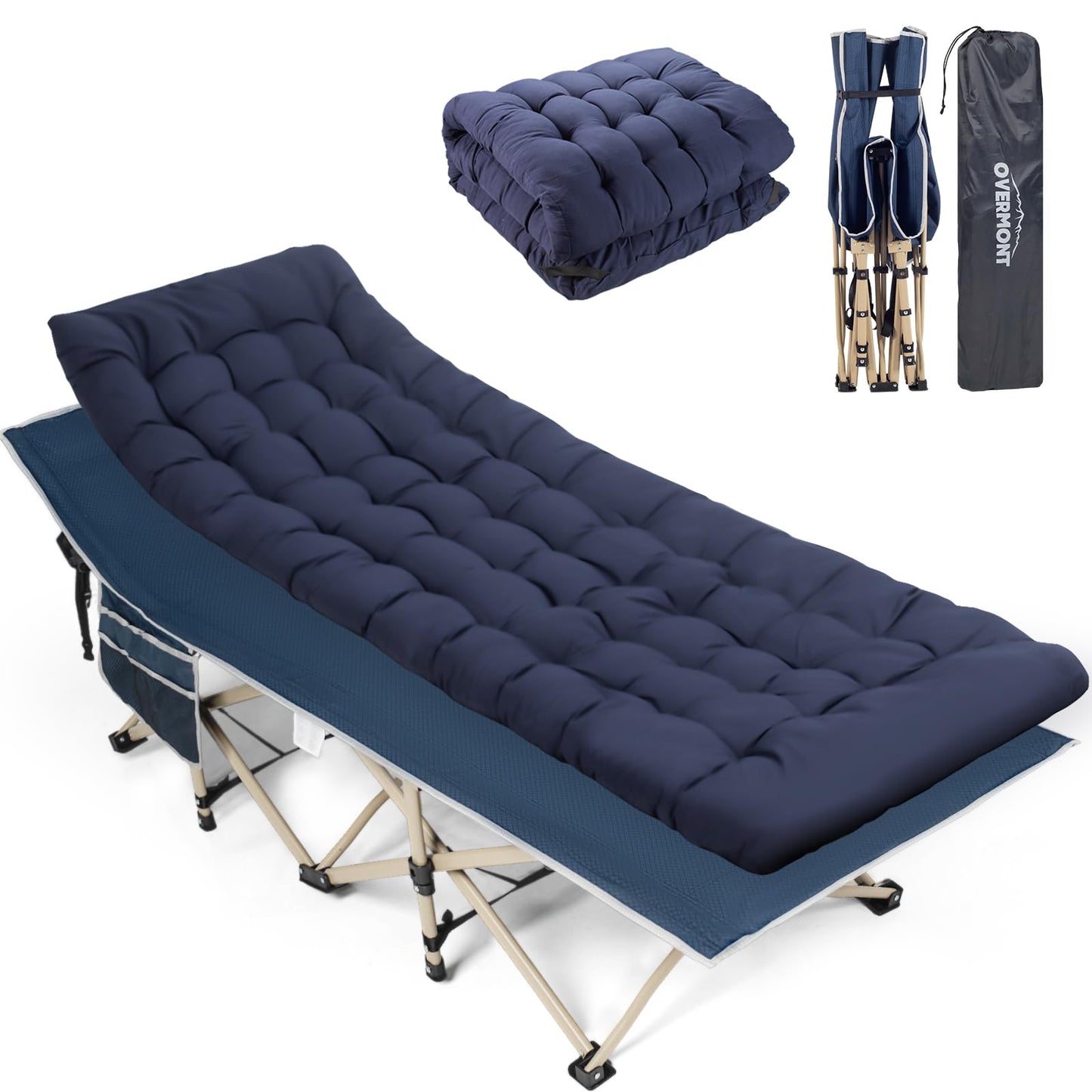 Overmont Camping Cot with Cushion - 28” Extra Wide Folding Cots for Adults Load 550 LBS with Carry Bag - Double Layer 2400D Oxford Sleeping Bed for Outdoor Travel Home Office Nap OVERMONT