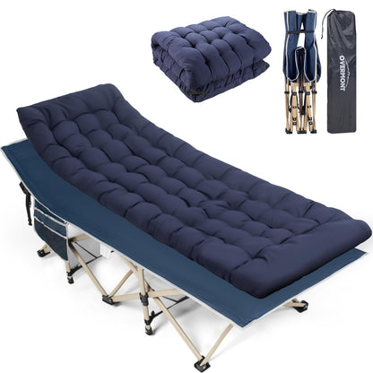 Overmont Camping Cot with Cushion - 28” Extra Wide Folding Cots for Adults Load 550 LBS with Carry Bag - Double Layer 2400D Oxford Sleeping Bed for Outdoor Travel Home Office Nap OVERMONT