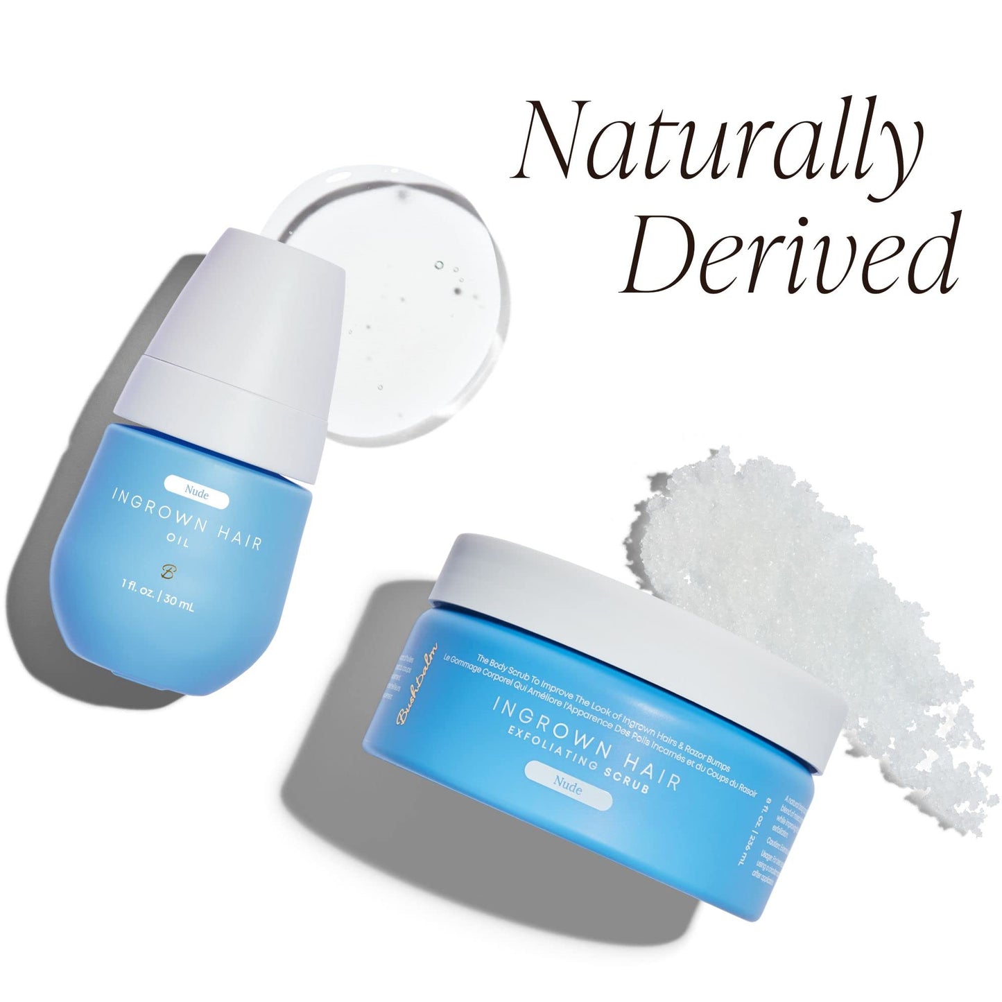 Bushbalm Ingrown Hair and Razor Bumps 2 Step Routine - Moisturize and Soothe - Nude Ingrown Hair Oil (30 ml), Nude Exfoliating Scrub (236 ml) - Nude - Valued at $49 - Available at All In One Marketplace Canada
